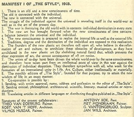 Gründungsdokument „De Stijl-Bewegung“ – Das Manifest I von 1918